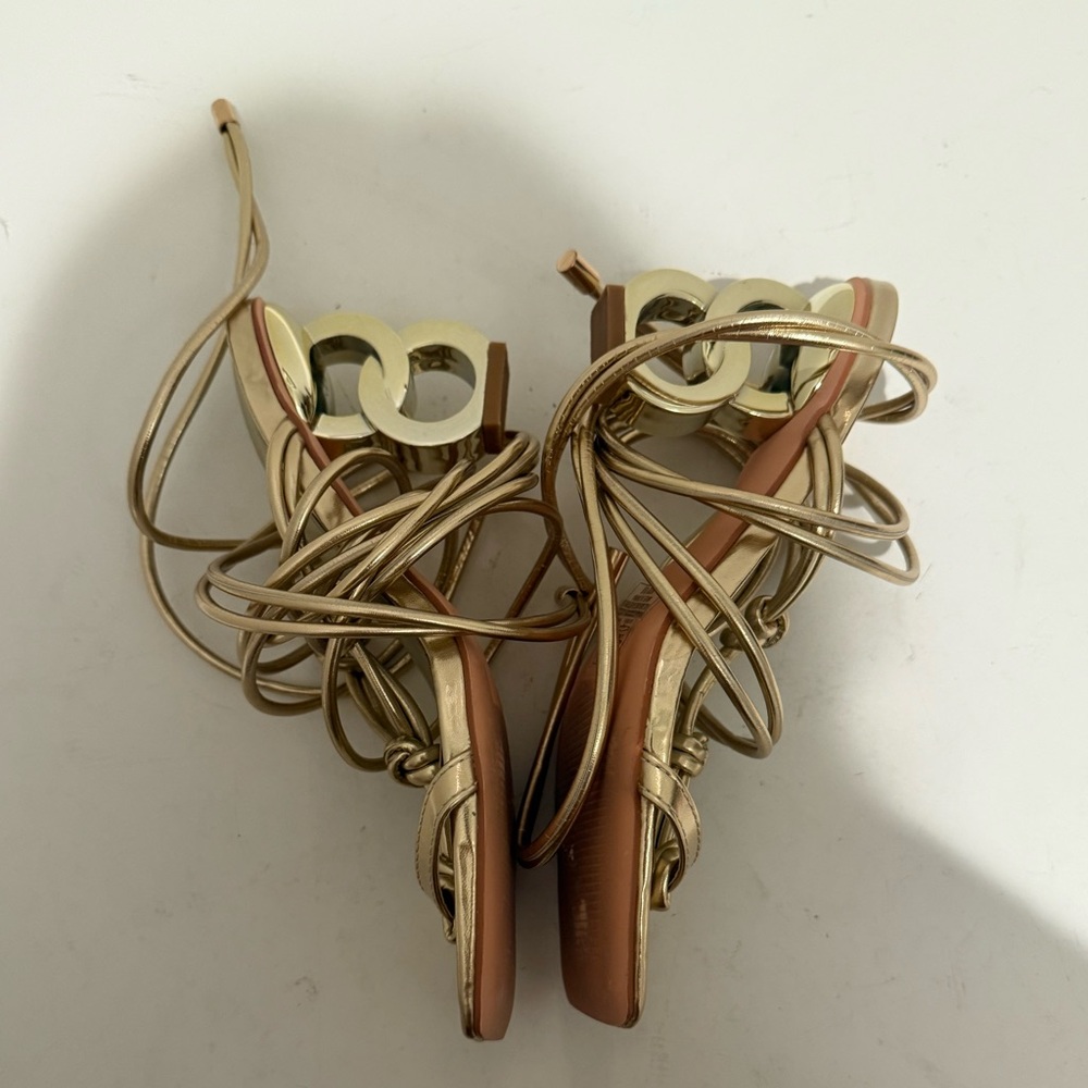 AZALEA WANG Stupendous Gold Ankle Wrap Lace Up High Linking Heel Sandal Size 6.5 - Picture 15 of 15